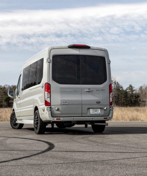 Rear exterior Waldoch Boundary Water Edition Conversion Van 9 Passenger Family Van Best Travel Vehicle